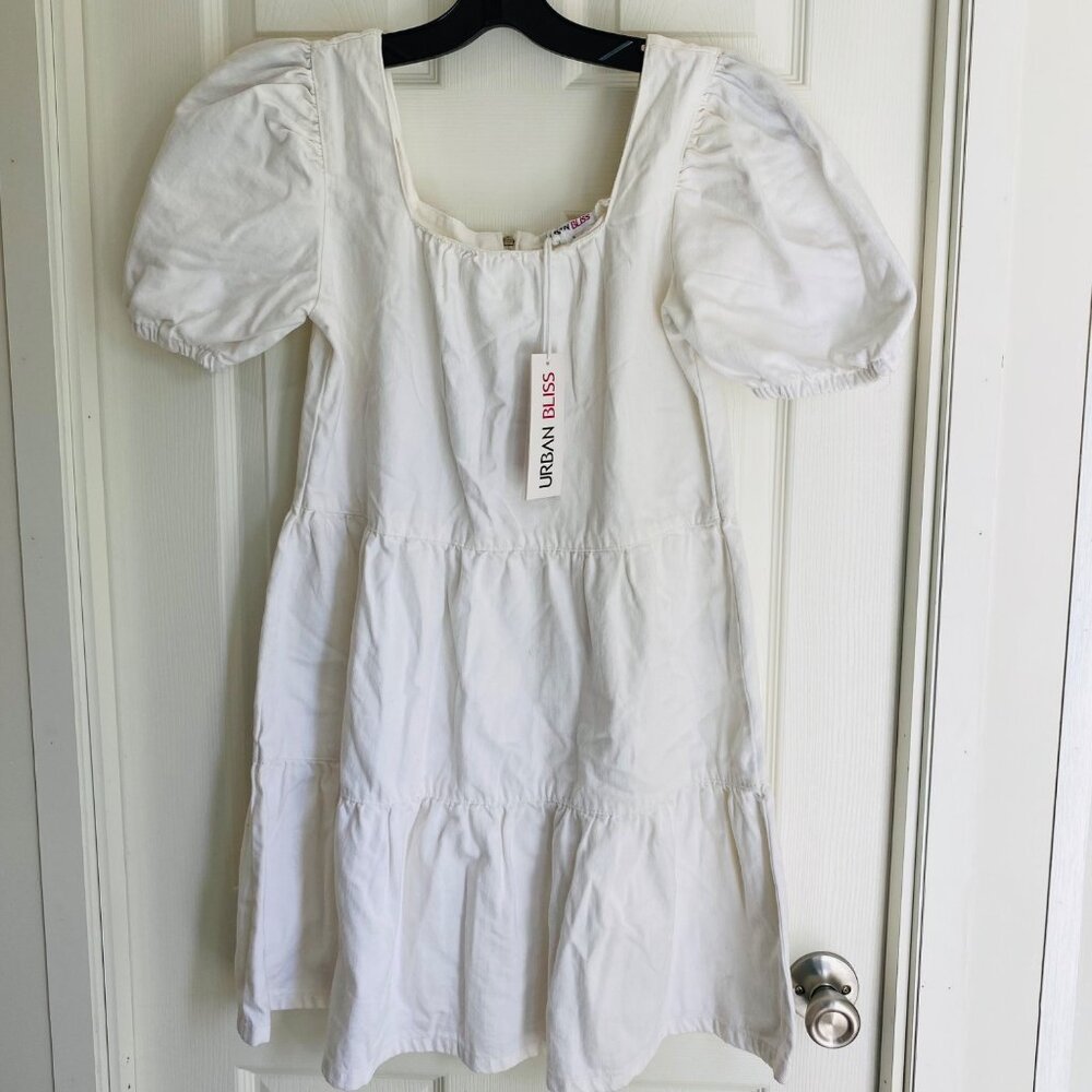 Urban Bliss White Puff Sleeve Tiered Cotton Dress Back Zipper Closure NWT SALE